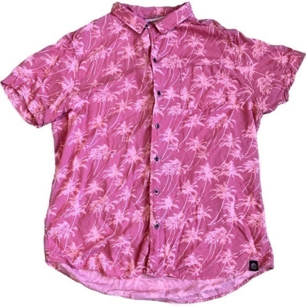 Free People size XL short sleeve button down shirt, pink with palm trees